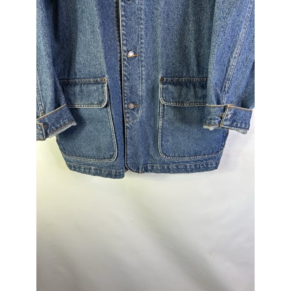 Vintage 90s Leather Collar Denim Jean Trucker Jacket Barn Chore Coat - Picture 2 of 13